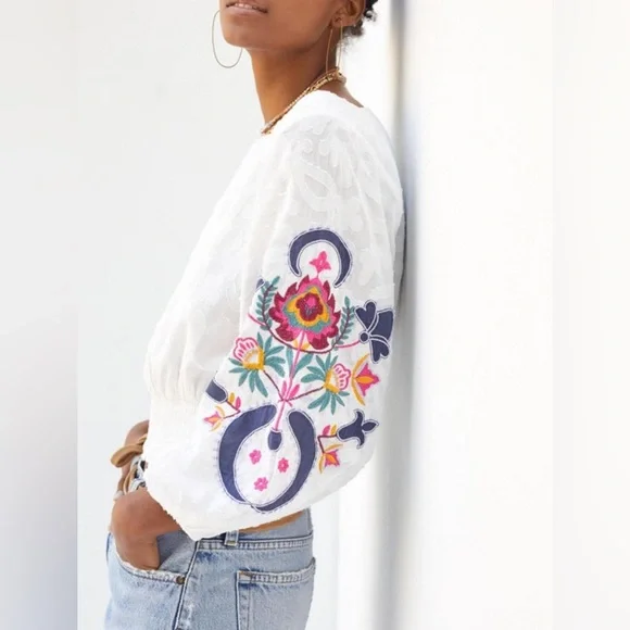 Anthropologie White Embroidered Crop Top Sz Small - Picture 4 of 12